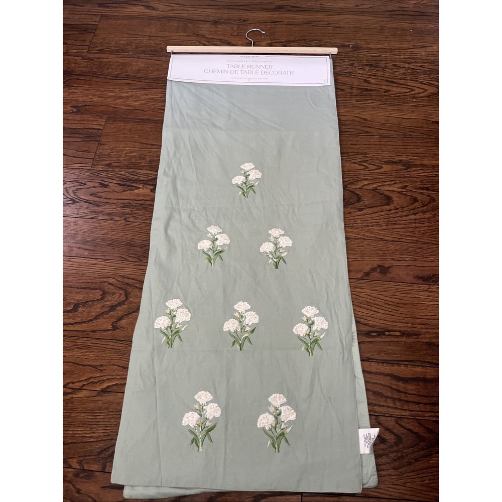 Dream Home Embroidered Floral Table Runner Terry Sage Green Spring 16" X 80"